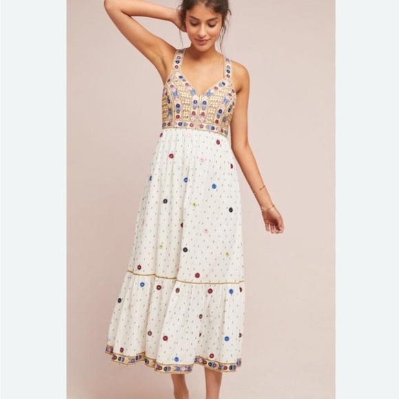 Anthropologie linen cotton blend cream Midi Dress with Colorful Embroidery 4 - Picture 1 of 10
